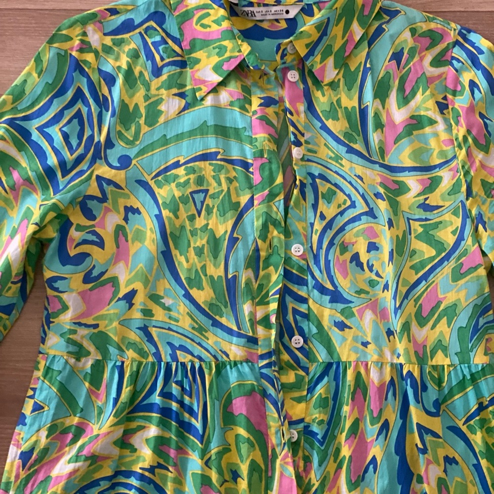 Zara Resort Midi Dress Blue Green Tiered Lapel Collar - Picture 2 of 10